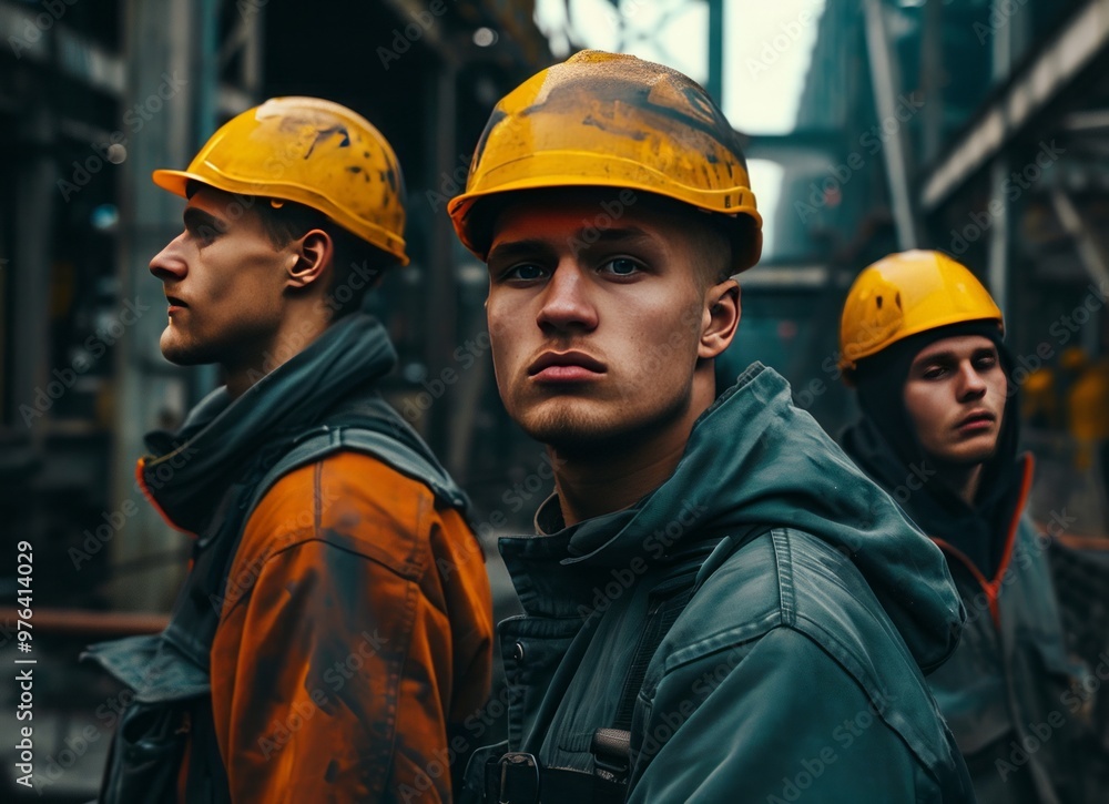 Group of industrial workers with helmets looking prepared. Group of industrial workers with helmets looking prepared.