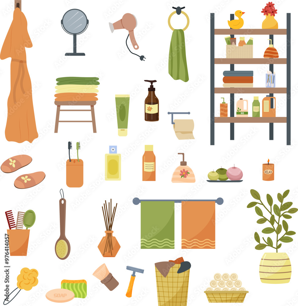 A set of bathroom items. A robe and slippers, towels. A shelf with hygiene and laundry items. A hair dryer and a mirror. Scented soap and candles. A razor and a shaving brush. Vector illustration A set of bathroom items. A robe and slippers, towels. A shelf with hygiene and laundry items. A hair dryer and a mirror. Scented soap and candles. A razor and a shaving brush. Vector illustration