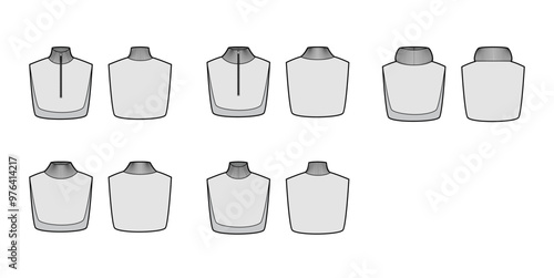 Set of Add-on Knit Collars detachable accessories with zipper fastening Turtleneck Sweater part technical fashion illustration. Flat jumper apparel front, back grey color. Women men CAD mockup