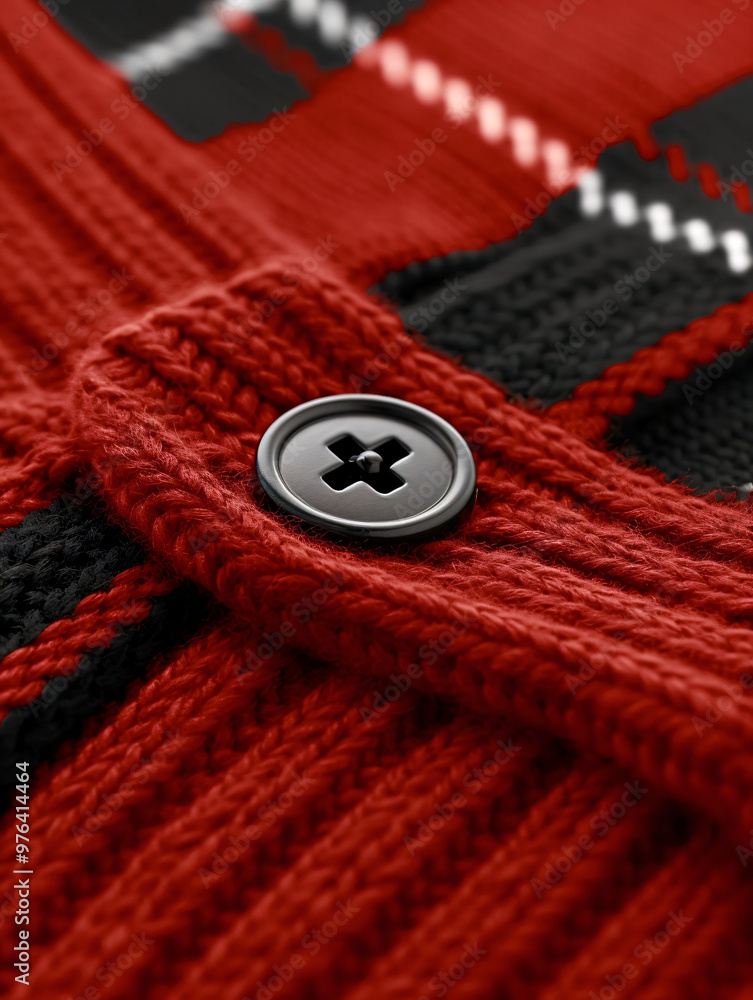 Close-up view of a black button on a red knitted garment featuring a stylish plaid pattern in a cozy indoor setting Close-up view of a black button on a red knitted garment featuring a stylish plaid pattern in a cozy indoor setting