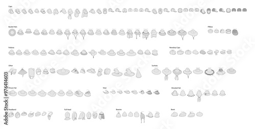Bundle of Hats in different styles - Fedora Picture Beanies, Sunhats Beret Bucket Visor. Head Fashion accessory cap clothing technical illustration. Vector for Men, women, unisex style, flat template