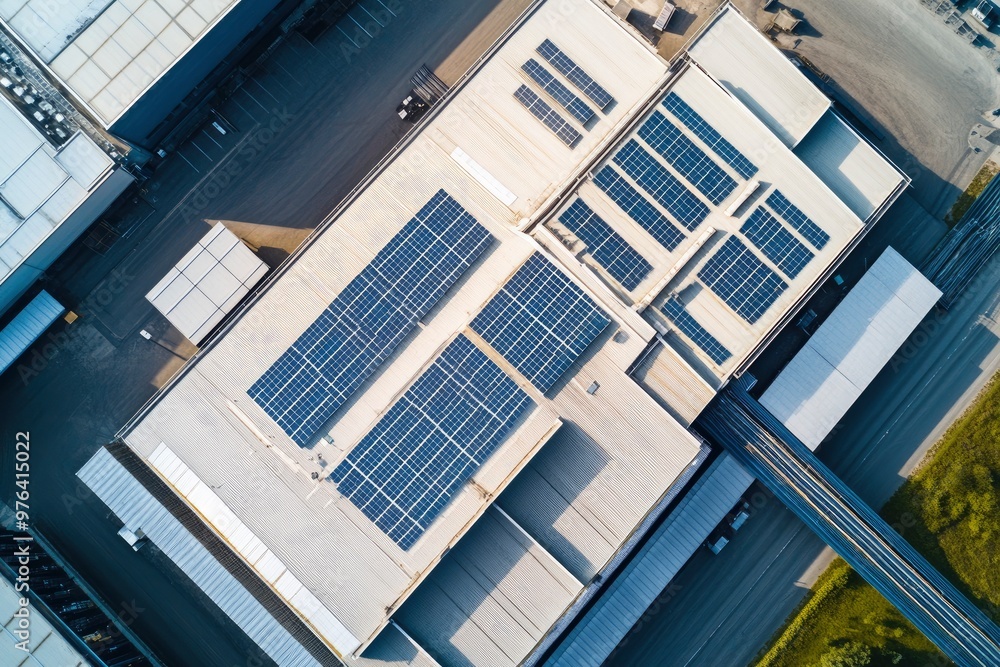 Solar energy for factory and warehouse building. Solar panels on roof of industrial plant. Commercial solar power. Rooftop solar power. Rooftop renewable energy system. Sustainable green energy, ai Solar energy for factory and warehouse building. Solar panels on roof of industrial plant. Commercial solar power. Rooftop solar power. Rooftop renewable energy system. Sustainable green energy, ai