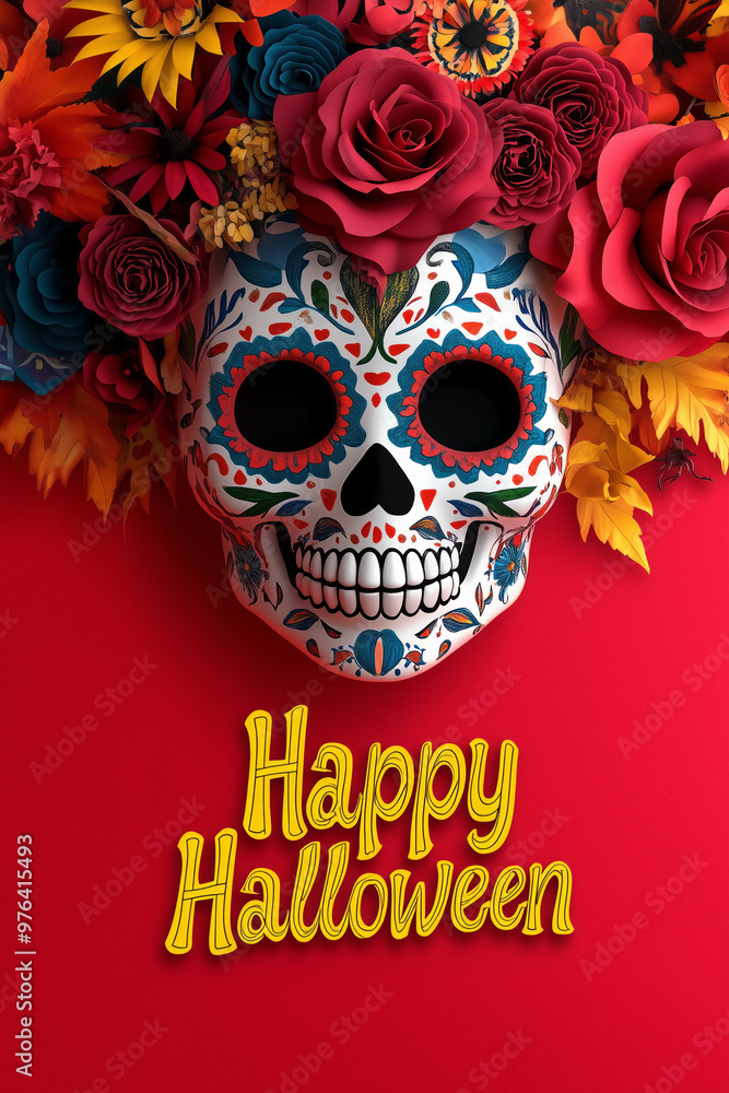 A vibrant Day of the Dead skull decorated with intricate floral designs on a red background, adorned with colourful roses and flowers.Day of the Dead tradition in a festive Halloween setting. A vibrant Day of the Dead skull decorated with intricate floral designs on a red background, adorned with colourful roses and flowers.Day of the Dead tradition in a festive Halloween setting.