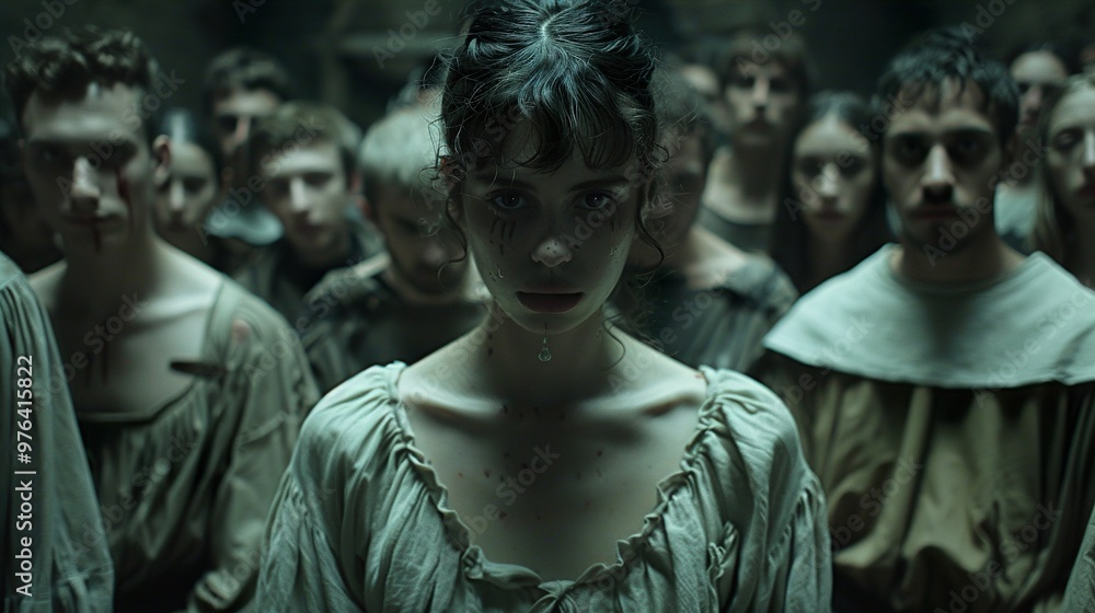 A Woman in Tears Amidst a Crowd in a Dark and Gloomy Setting A Woman in Tears Amidst a Crowd in a Dark and Gloomy Setting