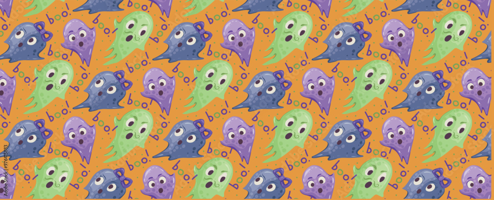 Naklejka premium Pattern of flying ghosts and inscriptions boo. Halloween specters. Vector seamless festive background of funny spooks. For wallpapers, cards, invitations, festive design.