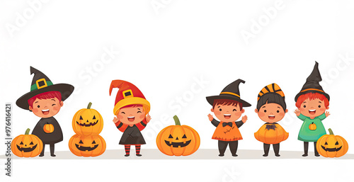 Cheerful children in bright Halloween costumes, surrounded by carved pumpkins, celebrating the festive spirit with joy and excitement.