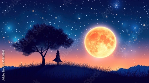 Silhouette of Woman Under a Starry Sky and Full Moon