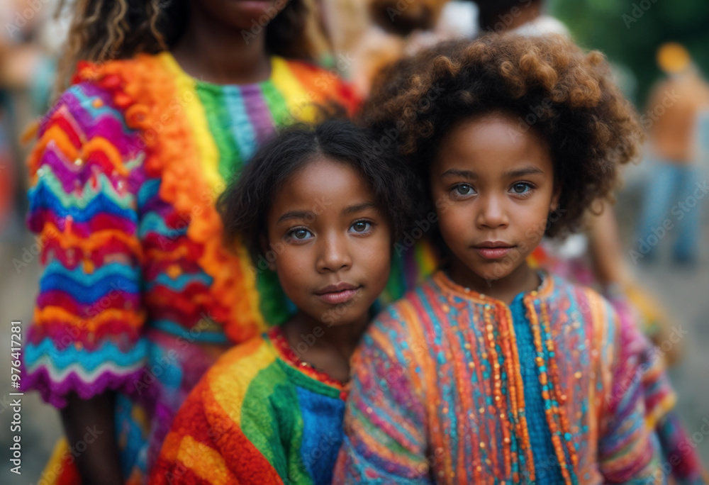 woman with children dressed in rainbow clothes woman with children dressed in rainbow clothes