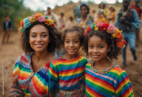 woman with children dressed in rainbow clothes