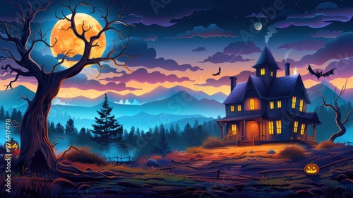 Haunted House in the Forest on Halloween Night photo