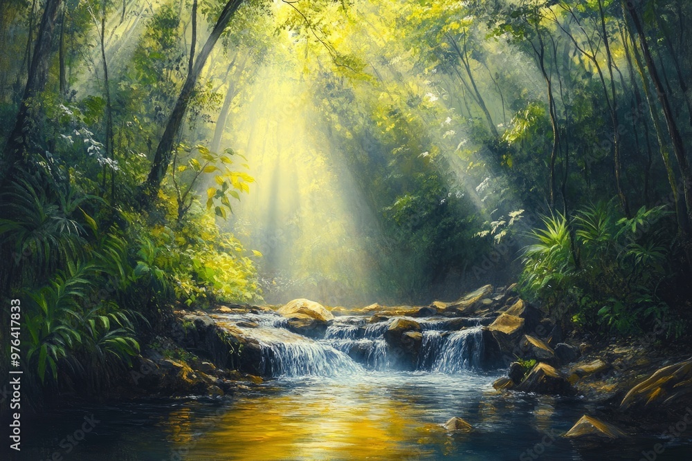 Beautiful stream painting in tropical forest - beautiful natural landscape in the forest, ai Beautiful stream painting in tropical forest - beautiful natural landscape in the forest, ai