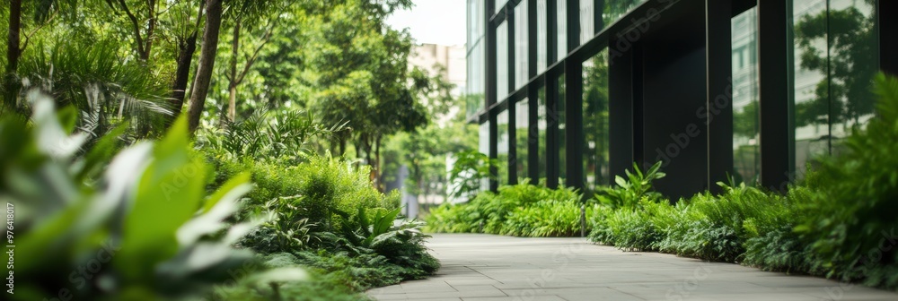 A serene walkway lined with lush green plants and trees situates beside a sleek, modern glass building, exhibiting harmony between nature and urban architecture. A serene walkway lined with lush green plants and trees situates beside a sleek, modern glass building, exhibiting harmony between nature and urban architecture.
