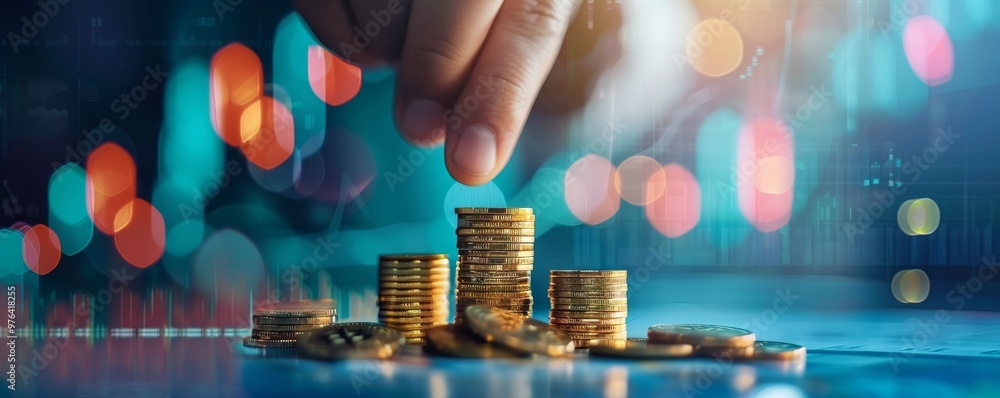 Gold Coins Stacked on Blue Background Gold Coins Stacked on Blue Background