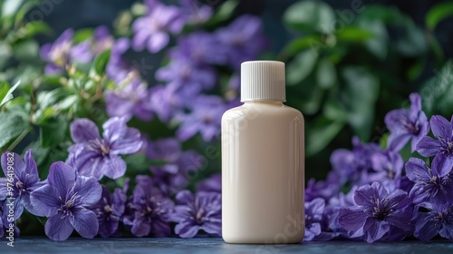 White Cosmetic Bottle Surrounded by Purple Flowers and Green Leaves on a Dark Background