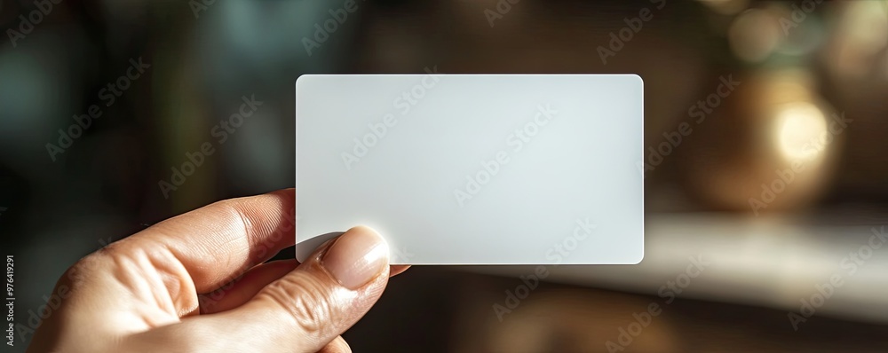 Obraz premium Hand Holding Blank Business Card in Bright Natural Light, Ready for Customization and Branding