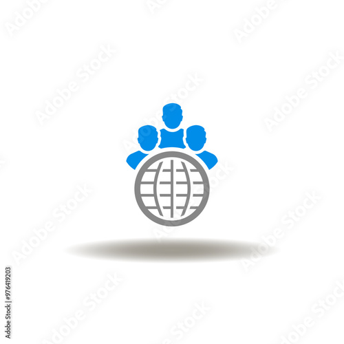 Vector illustration of earth globe and team or group person, user, employee. Symbol of expat. Icon of expatriation.
