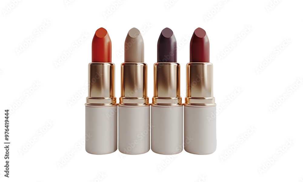 Set of Four Lipsticks in Neutral and Bold Shades with Gold Accents isolated on transparent background Set of Four Lipsticks in Neutral and Bold Shades with Gold Accents isolated on transparent background