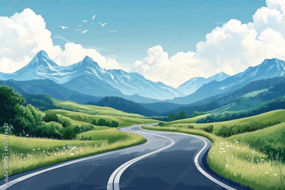 Naklejka premium Landscape with road and mountains beautiful background --ar 3:2 --v 6.1 Job ID: 1e87f683-d698-47d0-aa5e-5de802deaa3b