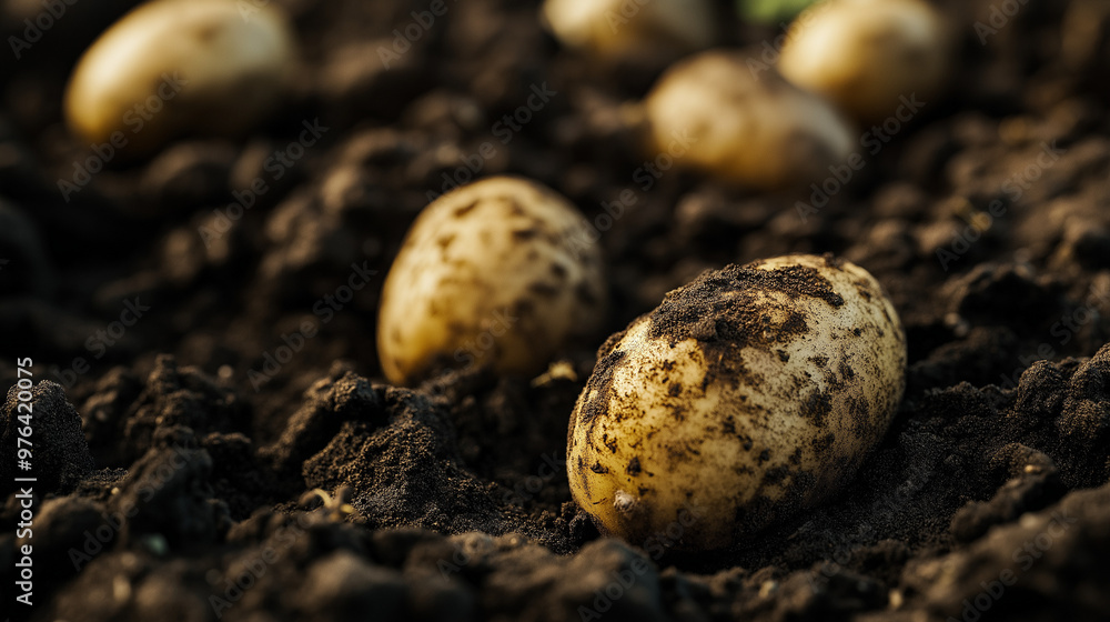 a detailed close-up of freshly dug potatoes still covered in dark, moist soil a detailed close-up of freshly dug potatoes still covered in dark, moist soil