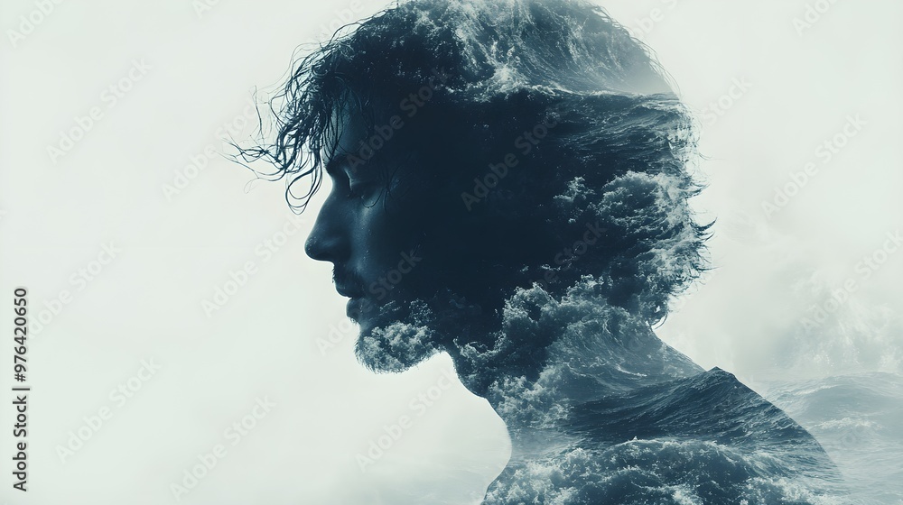 ocean waves, rhythmic motion, calming, powerful, timeless, close up, focus on, copy space, cool tones, dynamic textures, Double exposure silhouette with a surfer ocean waves, rhythmic motion, calming, powerful, timeless, close up, focus on, copy space, cool tones, dynamic textures, Double exposure silhouette with a surfer