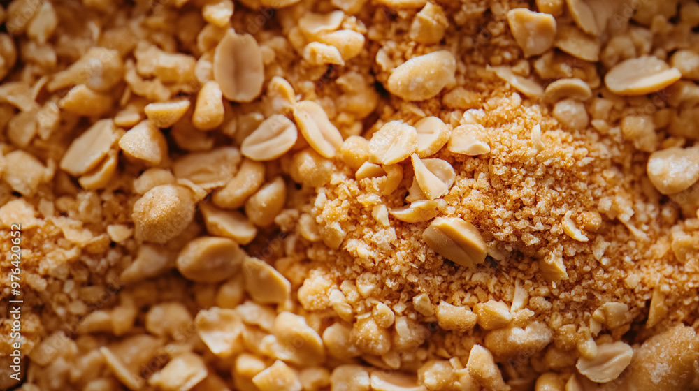 a pattern in photograph, extreme close-up, top-down view of crushed peanuts, filling the entire frame with a focus on the intricate details of the food items a pattern in photograph, extreme close-up, top-down view of crushed peanuts, filling the entire frame with a focus on the intricate details of the food items