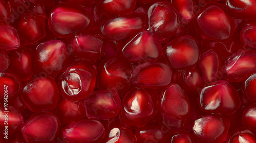 a pattern in photograph, extreme close-up, top-down view of pomegranate seeds, filling the entire frame with a focus on the intricate details of the food items