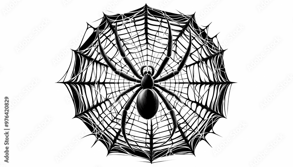 Fototapeta premium spider on web, halloween spider's web vector. black spider on white background. banner, scary poster. isolated decoration stock illustration. created with generative A.I.