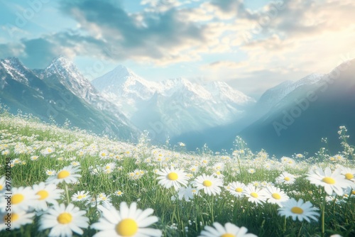 Spring camomile meadow in mountain. Nature landscape scene , ai