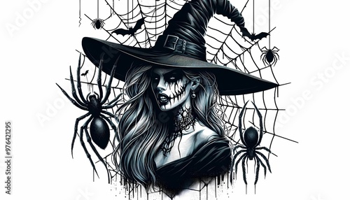 halloween witch vector. on white background. dangerous insect. horror banner, scary poster. Spider web isolated decoration stock illustration. October Holiday Flyer Mockup Mockup, created with generat