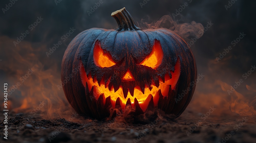 Pumpkin carved into a masked phantom, haunting expression, glowing eyes, surrounded by eerie mist Pumpkin carved into a masked phantom, haunting expression, glowing eyes, surrounded by eerie mist