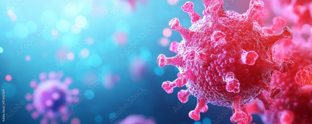 Close-up of a virus structure, showcasing intricate details and vibrant colors. Ideal for science and health-related content. Close-up of a virus structure, showcasing intricate details and vibrant colors. Ideal for science and health-related content.