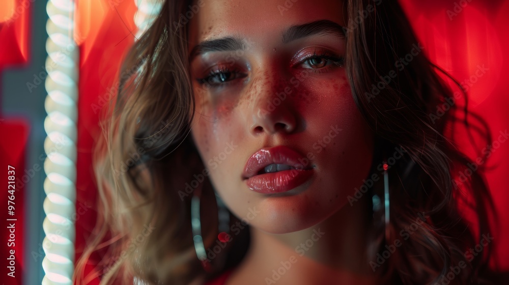 Fototapeta premium Close-up Portrait of Woman with Freckles and Glamorous Makeup in Red Light 