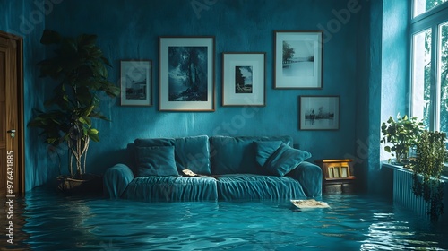 A once-cozy living room now waterlogged, with ruined keepsakes, emphasizing the need for home insurance, blue tones, soft focus, detailed water textures, 3D rendering photo