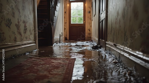 A waterlogged hallway with a drenched rug, showing flood damage, ideal for home insurance visuals, moody lighting and wet textures