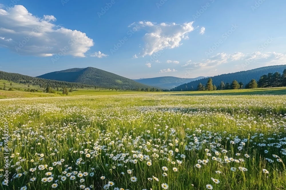 Spring camomile meadow in mountain. Nature landscape scene , ai Spring camomile meadow in mountain. Nature landscape scene , ai