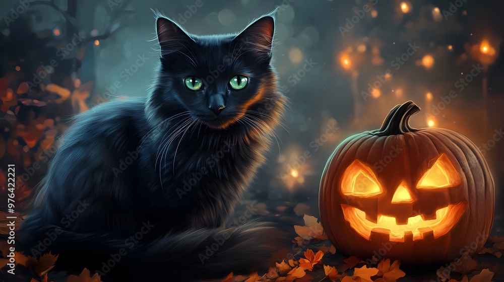 Black Cat with Green Eyes Beside Glowing Jack-o'-Lantern,Generative AI Black Cat with Green Eyes Beside Glowing Jack-o'-Lantern,Generative AI