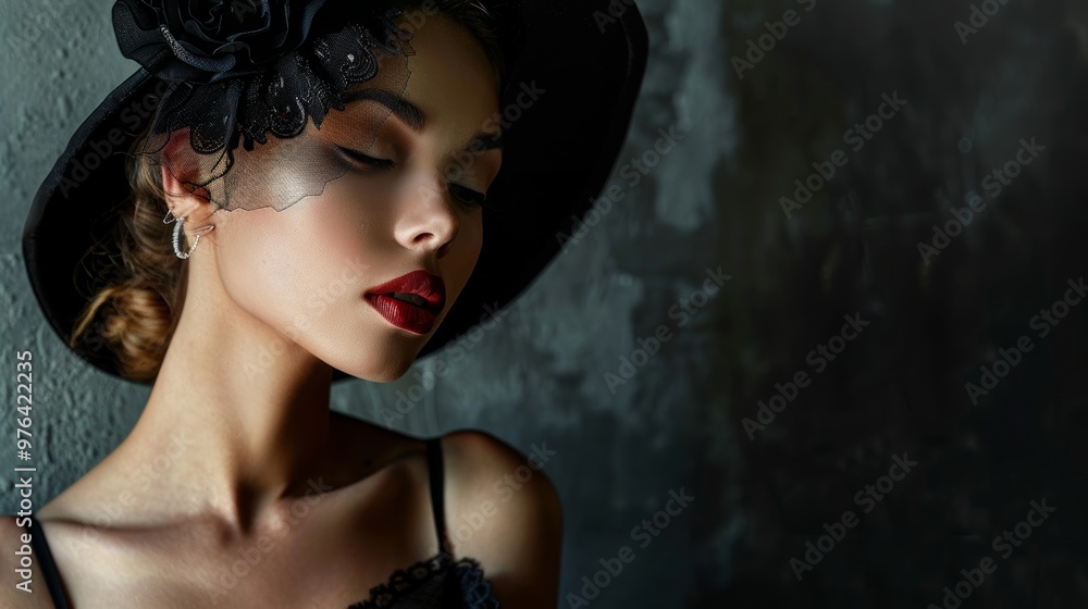 Naklejka premium Elegant Woman in Black Hat with Red Lipstick, Studio Portrait, Trendy Fashion Beauty Look