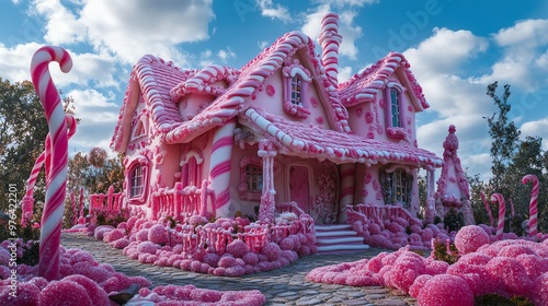 A candycoated house with licorice vines, rigged to play pranks on unsuspecting visitors photo