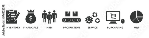 ERP banner web icon vector illustration concept for enterprise resource planning with icon of inventory, financials, hrm, production, service, purchasing, and mrp