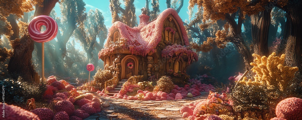 Fototapeta premium Candycovered house in the middle of a forest, with hidden pranks like springloaded lollipops and trick doors