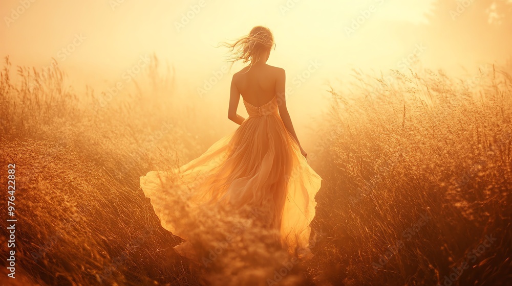 Dreamy woman in a light orange dress, radiating an ethereal glow, drifting through a soft, hazy landscape Dreamy woman in a light orange dress, radiating an ethereal glow, drifting through a soft, hazy landscape