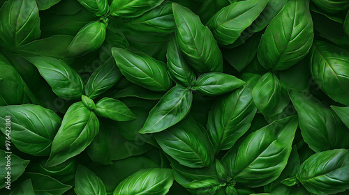 a photographic pattern of an extreme close-up, top-down view of basil leaves, almond slices, filling the entire frame with a focus on the intricate details