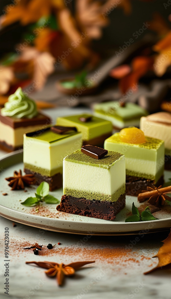 A selection of gourmet layered desserts with vibrant colors, set on a plate with autumn leaves in the background, showcasing a fusion of textures and flavors.
A selection of gourmet layered desserts with vibrant colors, set on a plate with autumn leaves in the background, showcasing a fusion of textures and flavors.
