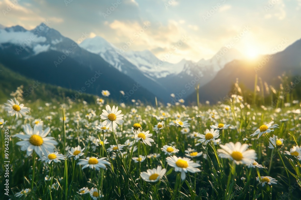 Fototapeta premium Spring camomile meadow in mountain. Nature landscape scene , ai