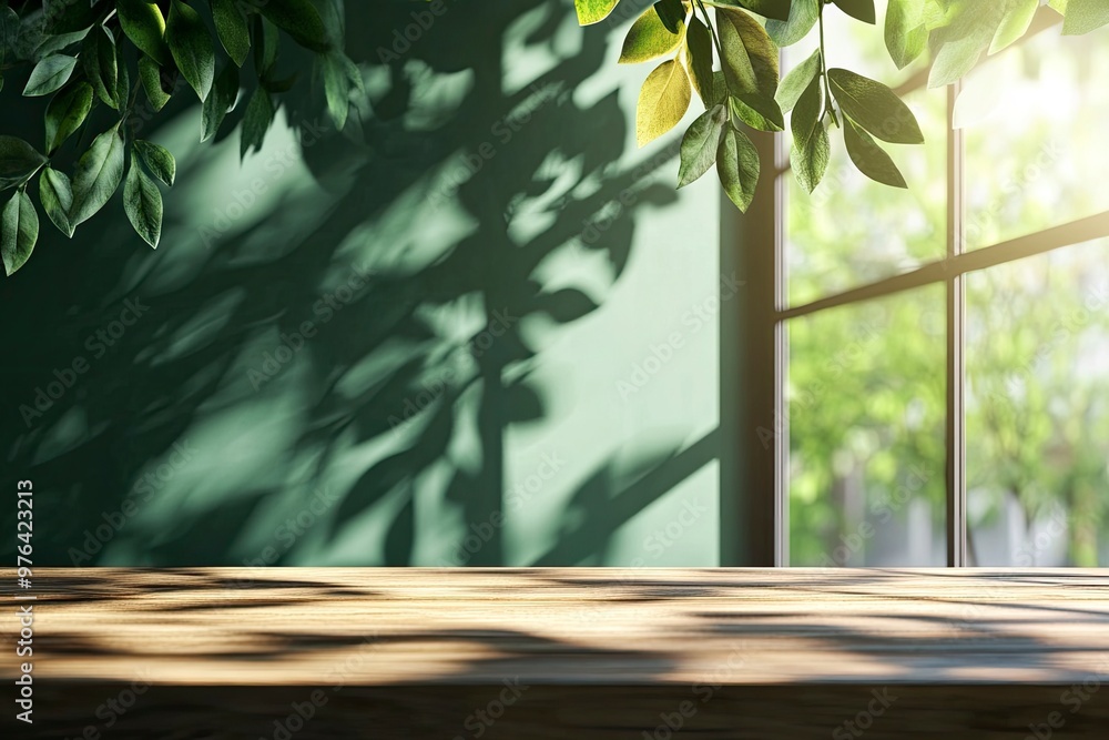 wood table green wall background with sunlight window create leaf shadow on wall with blur indoor green plant foreground.panoramic banner mockup for display of product. friendly interior concept, ai wood table green wall background with sunlight window create leaf shadow on wall with blur indoor green plant foreground.panoramic banner mockup for display of product. friendly interior concept, ai