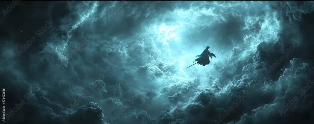 Nightmare realm with a chilling figure on a broomstick, flying through dark, swirling clouds of terror Nightmare realm with a chilling figure on a broomstick, flying through dark, swirling clouds of terror