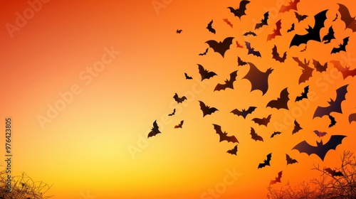 Halloween Bats Flying in Orange Sunset Sky