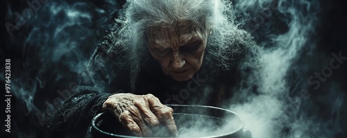 Scary old hag stirring a cauldron, dark energy crackling in the air, shadows twisting around her
