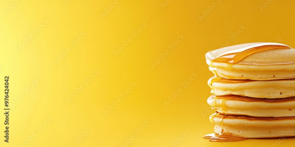 A mouth-watering stack of golden pancakes with syrup drizzled on top is set against a bright yellow background, showcasing a delightful breakfast scene full of warmth and energy. A mouth-watering stack of golden pancakes with syrup drizzled on top is set against a bright yellow background, showcasing a delightful breakfast scene full of warmth and energy.