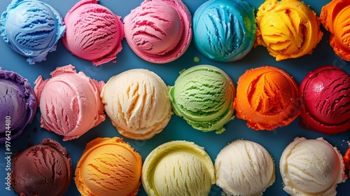 A close up of balls of various types of ice cream next to each other.